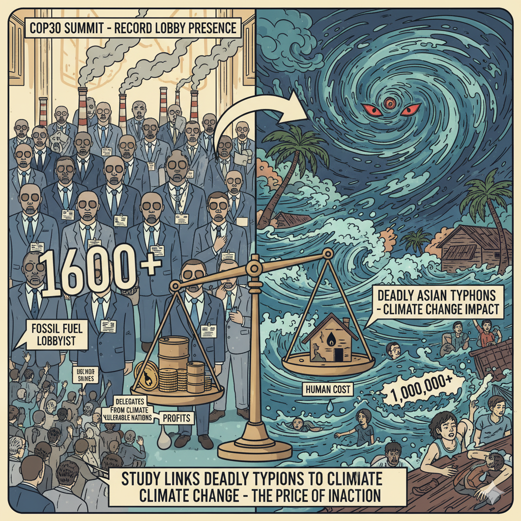 Largest-Ever Presence of Fossil Fuel Lobbyists at COP30 as Study Links Deadly Asian Typhoons to Climate Change